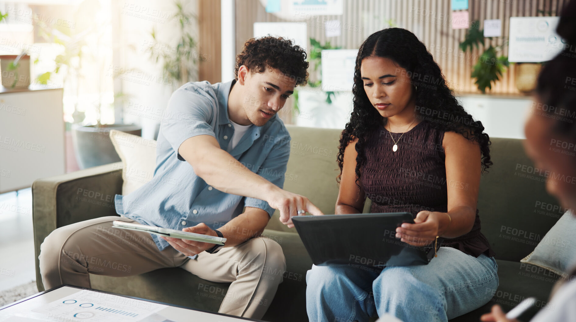 Buy stock photo Tablet, discussion or people with laptop in meeting, project feedback or planning for marketing proposal. Pointing, web traffic data or team with review for ads performance, tech or campaign stats
