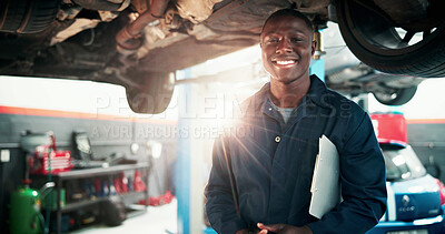 Buy stock photo Mechanic, man and workshop portrait with clipboard for car inspection, diagnostic notes or flare. Technician, auto repair and black person with checklist for maintenance, calibration or service quote