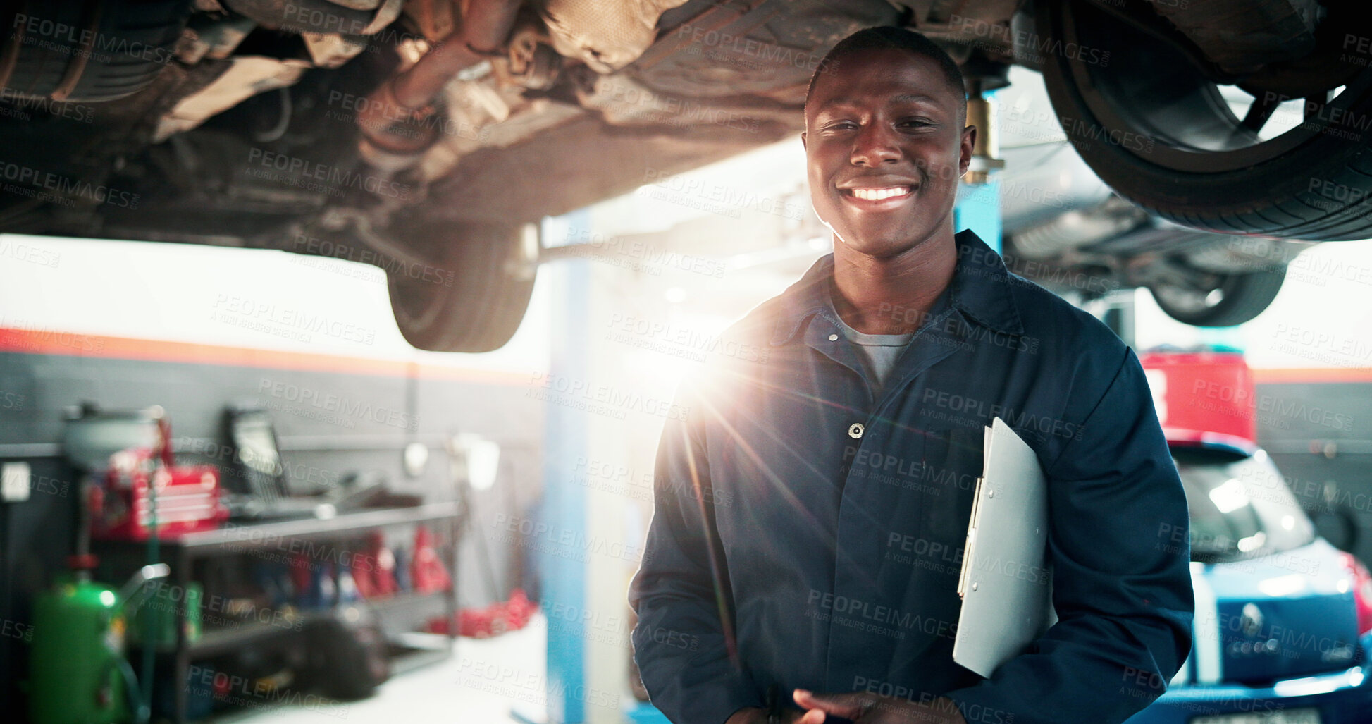 Buy stock photo Mechanic, man and workshop portrait with clipboard for car inspection, diagnostic notes or flare. Technician, auto repair and black person with checklist for maintenance, calibration or service quote