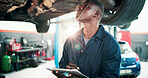 Mechanic, inspection and black man with report and car in repair shop for diagnostic, transport or calibration. Engineering, maintenance and person with lens flare in garage for service checklist
