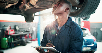 Buy stock photo Mechanic, inspection and black man with report and car in repair shop for diagnostic, transport or calibration. Engineering, maintenance and person with lens flare in garage for service checklist