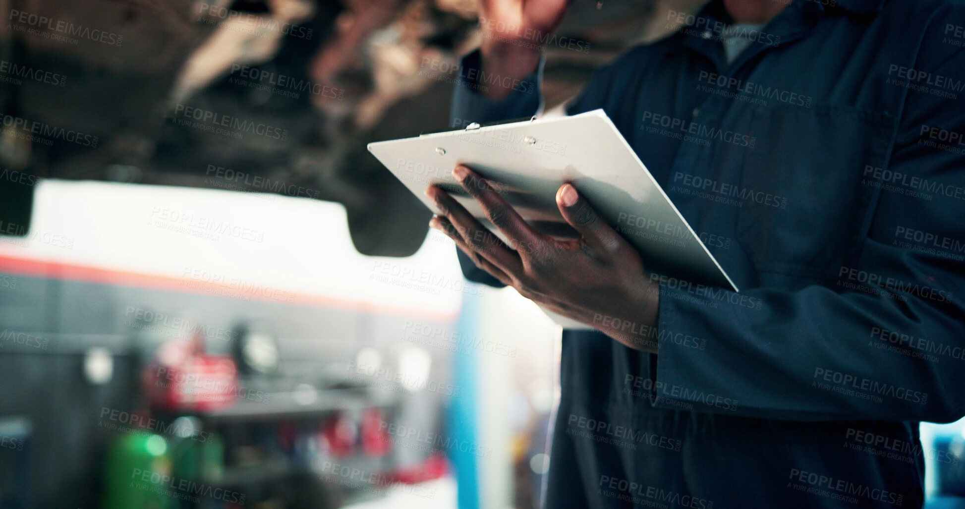 Buy stock photo Mechanic, garage and hands with clipboard for car inspection, auto maintenance and damage assessment. Workshop, notes and person with checklist for vehicle repair, quality assurance and motor report
