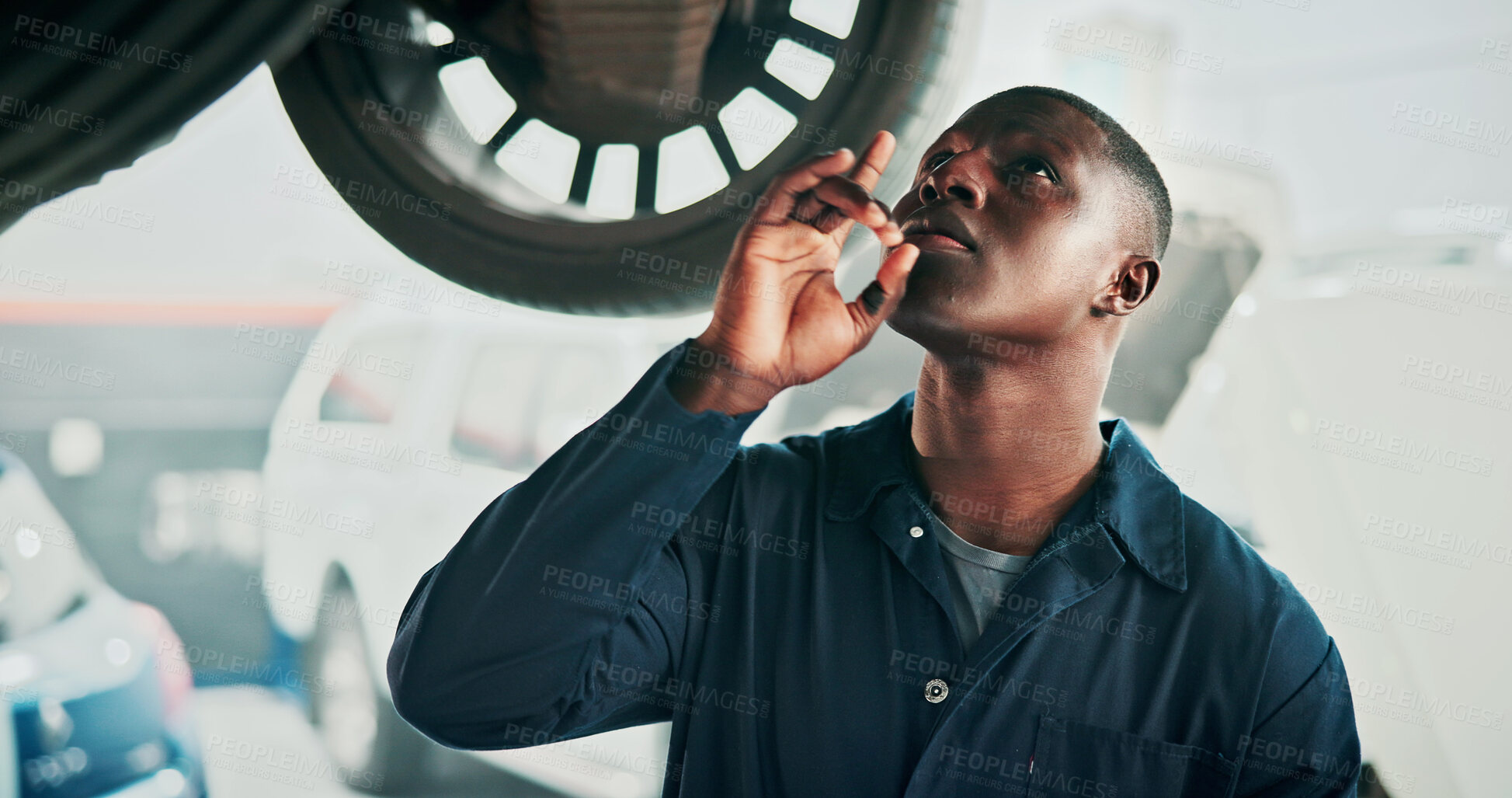 Buy stock photo Mechanic, inspection and black man with car in auto repair shop for diagnostic system, transport or calibration. Engineering, maintenance or motor technician with person in garage for service report