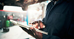 Mechanic, report and hands with tablet and car in repair shop for diagnostic system, transport or calibration. Engineering, maintenance or technician with person in garage for service inspection