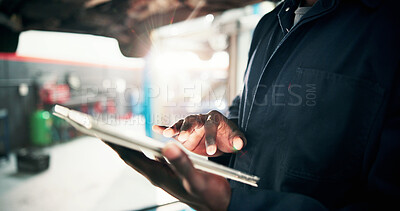 Buy stock photo Mechanic, report and hands with tablet and car in repair shop for diagnostic system, transport or calibration. Engineering, maintenance or technician with person in garage for service inspection