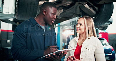 Buy stock photo Garage, customer and mechanic with clipboard for car service, chat and happy with damage assessment. Repair shop, man and woman with smile for consultation, flare and quote for vehicle maintenance