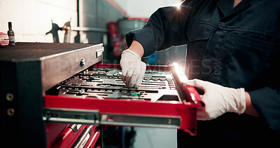 Buy stock photo Tools, drawer and hands of mechanic in garage for auto service, maintenance and vehicle repair. Workshop, technician and person with metal equipment for motor industry, inspection and fixing engine