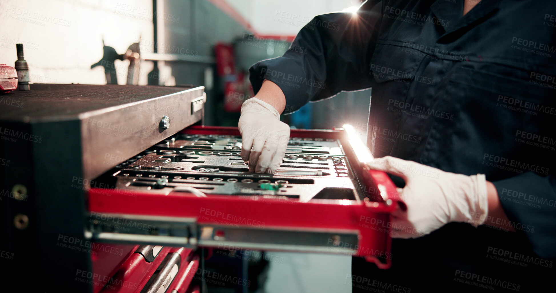 Buy stock photo Tools, drawer and hands of mechanic in garage for auto service, maintenance and vehicle repair. Workshop, technician and person with metal equipment for motor industry, inspection and fixing engine
