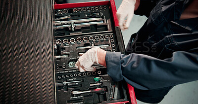 Buy stock photo Man, hands and mechanic with tools in workshop for repairs, maintenance or fixing car. Technician, engineer and male industrial worker with bolt equipment for vehicle calibration test in factory.