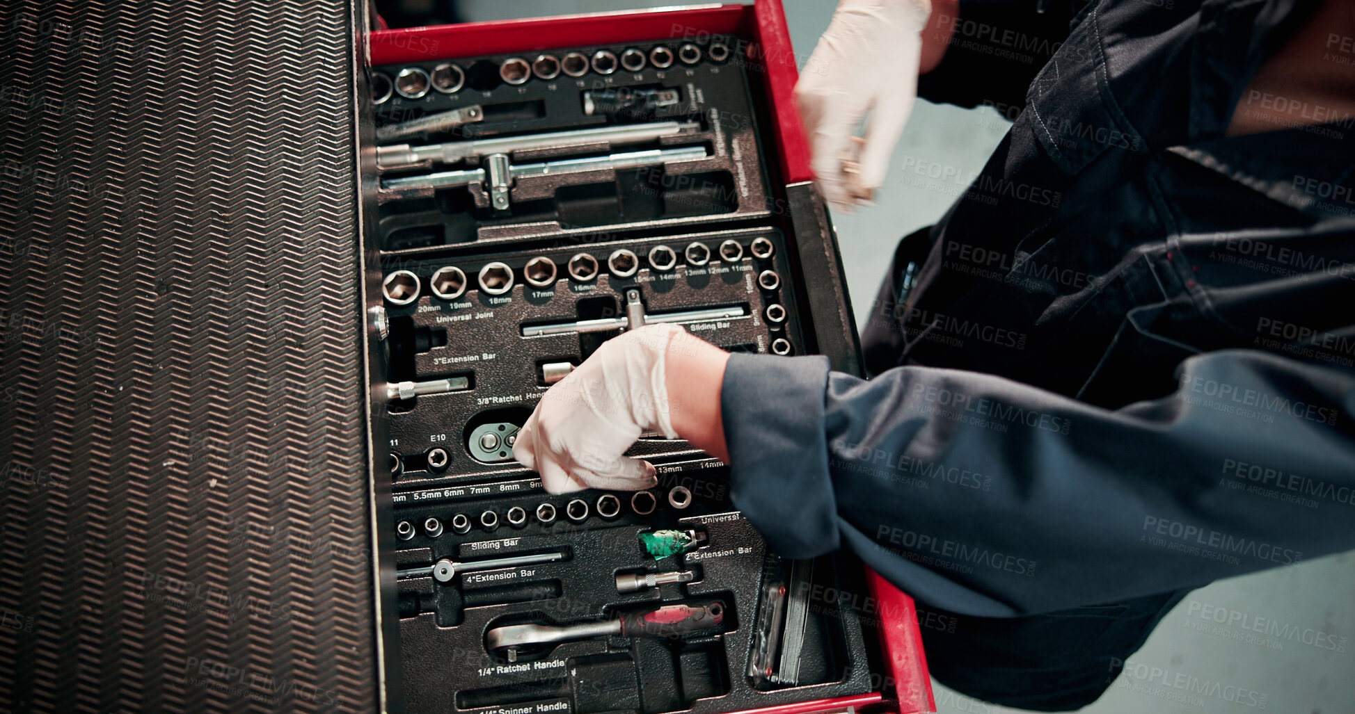 Buy stock photo Man, hands and mechanic with tools in workshop for repairs, maintenance or fixing car. Technician, engineer and male industrial worker with bolt equipment for vehicle calibration test in factory.