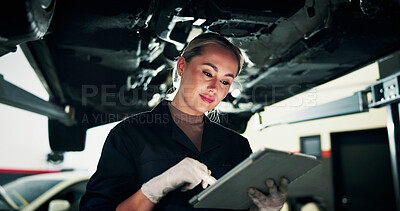 Buy stock photo Mechanic, garage and woman with tablet for car service, auto maintenance or damage assessment on web. Workshop, scroll and person with tech for vehicle inspection, quality assurance and motor report