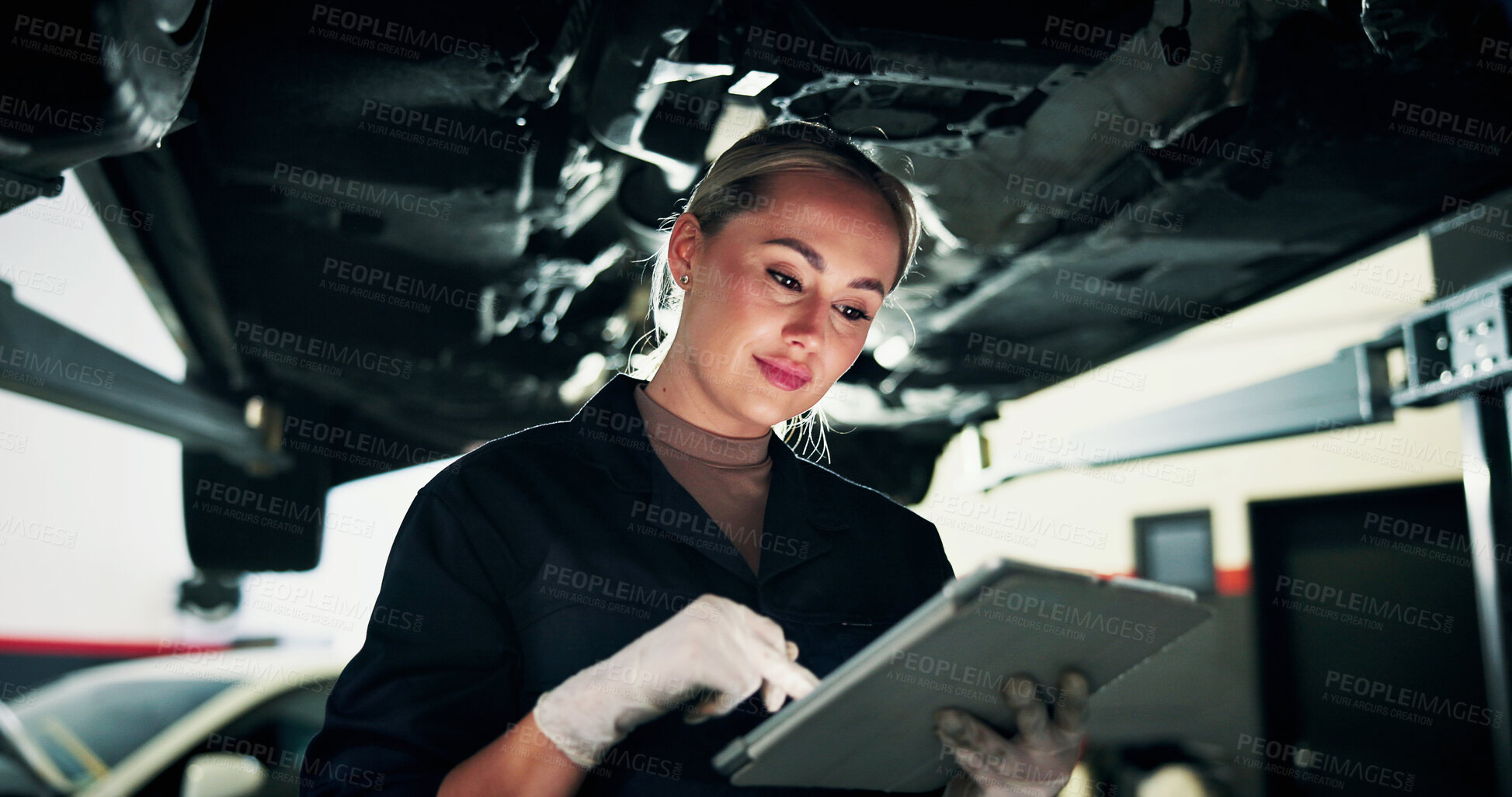 Buy stock photo Mechanic, garage and woman with tablet for car service, auto maintenance or damage assessment on web. Workshop, scroll and person with tech for vehicle inspection, quality assurance and motor report
