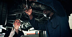 Mechanic, garage and people with tools by car for diagnostics, maintenance and auto service. Workshop, teamwork and man with woman with equipment for vehicle inspection, fixing and engine repair