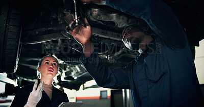 Buy stock photo Mechanic, garage and people with tools by car for diagnostics, maintenance and auto service. Workshop, teamwork and man with woman with equipment for vehicle inspection, fixing and engine repair