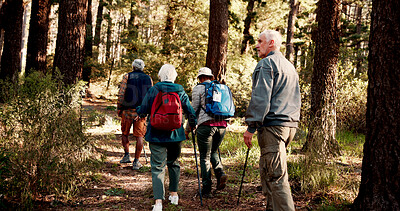 Buy stock photo Hiking, walking and back of elderly people in forest for  wellness, active hobby and fresh air. Travel, retirement and senior men and women on nature trail for adventure, health and exercise outdoor