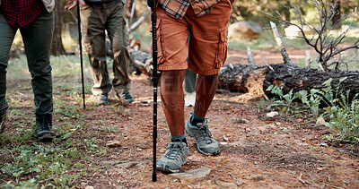 Buy stock photo Legs, people and trekking pole on trail for travel adventure, field research or nature observation. Ecology team, balance or group feet on hiking expedition for eco tourism, explore forest or journey