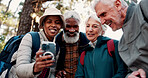 Nature, hiking and selfie with group of friends and smile for adventure with retirement, wellness and health. Travel, picture and mature people with digital tech for social media, memory and post
