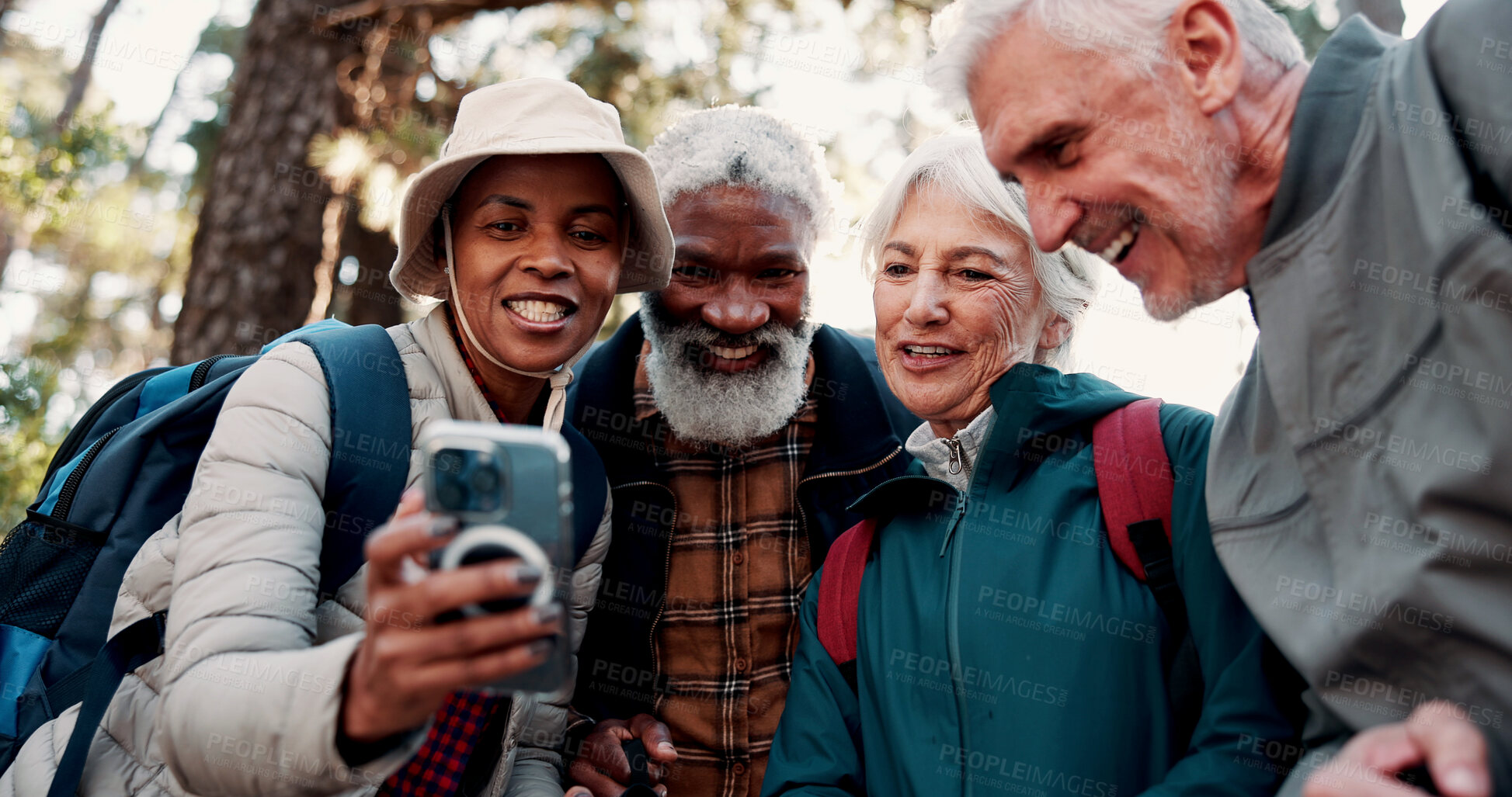 Buy stock photo Nature, hiking and selfie with group of friends and smile for adventure with retirement, wellness and health. Travel, picture and mature people with backpacking for social media, memory and post