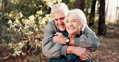 Buy stock photo Smile, old couple and hug with hiking in forest for health with vacation, trip or sightseeing. Mature man, woman and retirement with embrace for bonding, love or care for woods and holiday exercise