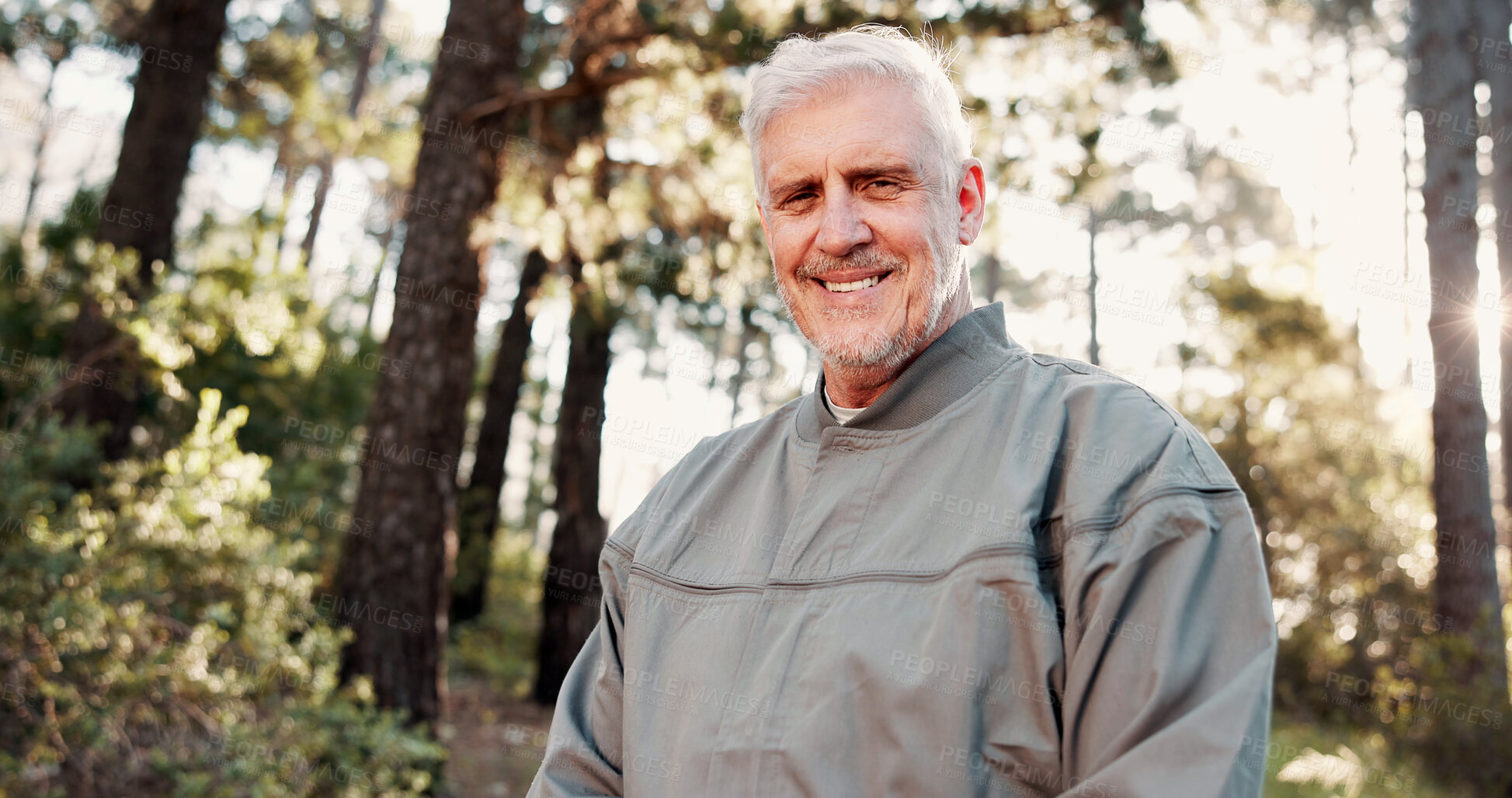 Buy stock photo Fitness, nature and portrait of senior man in forest for running, workout or training outdoor. Happy, sports and elderly male person in woods for cardio exercise, health or active in morning.