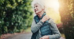 Outdoor, fitness and old woman with shoulder pain at park, hurt or joint tension with workout injury. Space, exercise and senior person with fatigue after training accident, health and muscle strain