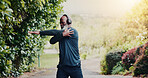 Stretching, fitness and headphones with black man in nature for runner playlist, streaming and health. Workout podcast, muscle warm up and training with senior person outdoor for wellness and radio