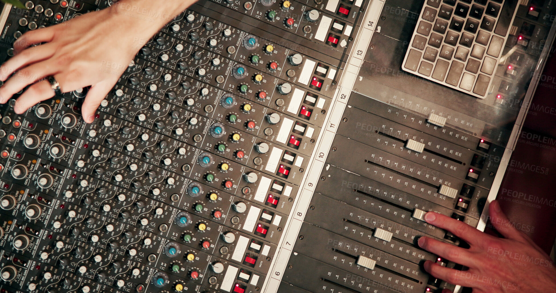 Buy stock photo People, hands or audio engineer with sound board for radio broadcast, live streaming or production. Top view, podcaster or buttons with switches, console or control panel for music mixer or recording