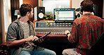Sound engineer, tablet and men in recording studio with team for music, composition or song quality. Collaboration, mixing audio or editing with computer screen, creative production and mastering