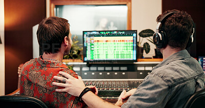 Buy stock photo Back, music and recording with people in studio together for audio engineering or production. Equipment, sound board and synthesizer with DJ team in control room for balance, editing or mixing