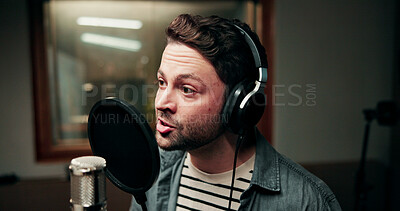 Buy stock photo Artist, man and singing in recording studio with microphone, song performance and pop music production. Creative, person and singer at record label with gear, talent or sound track for album project.