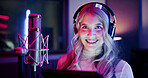 Smile, woman and musician with tablet in studio for songwriting, editing lyrics and recording audio. Portrait, female artist and headphones with mic for music production, composing song and rehearsal