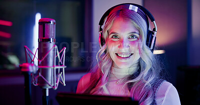 Buy stock photo Smile, woman and musician with tablet in studio for songwriting, editing lyrics and recording audio. Portrait, female artist and headphones with mic for music production, composing song and rehearsal