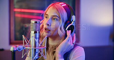 Buy stock photo Headphones, microphone and singer in studio for music, production or musician in performance. Talent, pop recording and woman in booth with tech, song and sound entertainment for creative album.