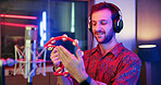 Music, production and man with tambourine in studio for entertainment, recording and sound media. Artist, headphones and musician in neon with microphone for audio, broadcast or performance of song