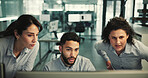 Business people, team and discussion with computer for feedback, advice and proposal. Women, man and tech for development with mentorship in coworking space, office or collaboration for insight