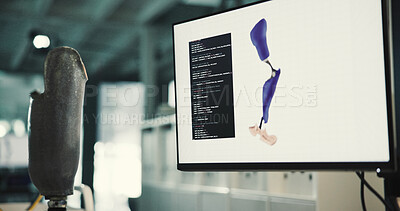 Buy stock photo Computer screen, empty and prosthetic leg at desk in laboratory, machine learning and innovation. Bionic limb, pc and ux design for science, research and futuristic engineering project for anatomy