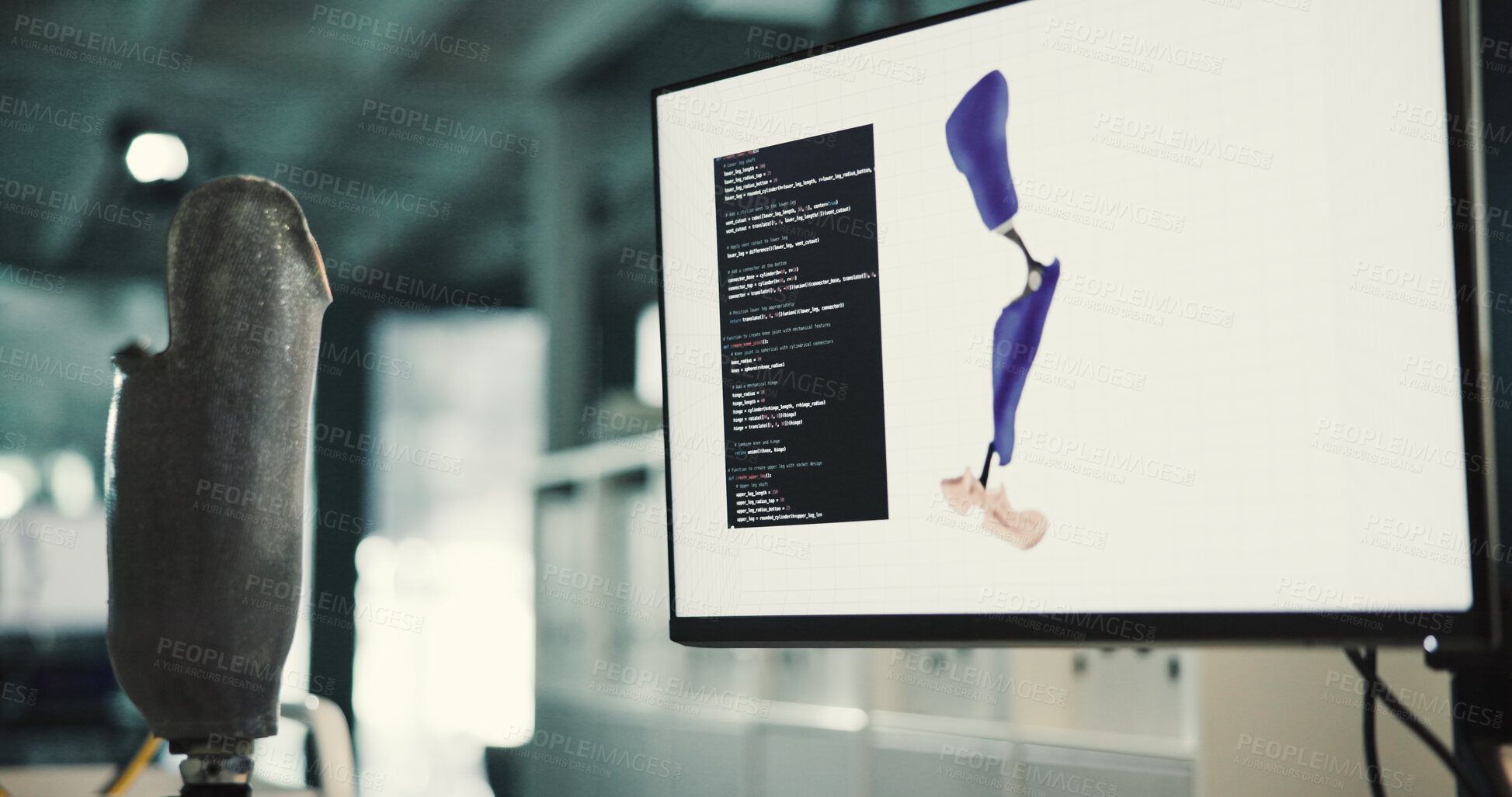 Buy stock photo Computer screen, empty and prosthetic leg at desk in laboratory, machine learning and innovation. Bionic limb, pc and ux design for science, research and futuristic engineering project for anatomy