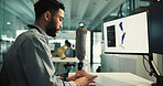 Review, limb or prosthetist in office with computer, design evaluation or checklist in artificial leg test. Future, data check or man with tech, model development or progress in mobility research.