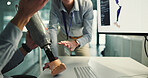 People, model and discussion for prosthetic leg research, report or future development. Prosthetist, teamwork and design for artificial limbs innovation with 3d foot, mobility aid and feedback chat