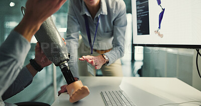 Buy stock photo People, model and discussion for prosthetic leg research, report or future development. Prosthetist, teamwork and design for artificial limbs innovation with 3d foot, mobility aid and feedback chat