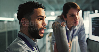 Buy stock photo People, model and conversation for prosthetic leg research, report or future development. Prosthetist, teamwork and design for artificial limbs innovation with 3d foot, mobility aid and feedback chat