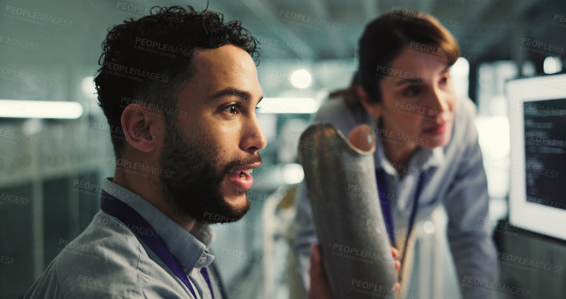 Buy stock photo People, model and conversation for prosthetic leg research, report or future development. Prosthetist, teamwork and design for artificial limbs innovation with 3d foot, mobility aid and feedback chat