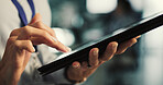 Hands, programmer or woman with tablet in office, ai system prototyping or server integration planning. Tech, configuration or person with machine learning model upgrade, software development or app