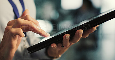 Buy stock photo Hands, programmer or woman with tablet in office, ai system prototyping or server integration planning. Tech, configuration or person with machine learning model upgrade, software development or app