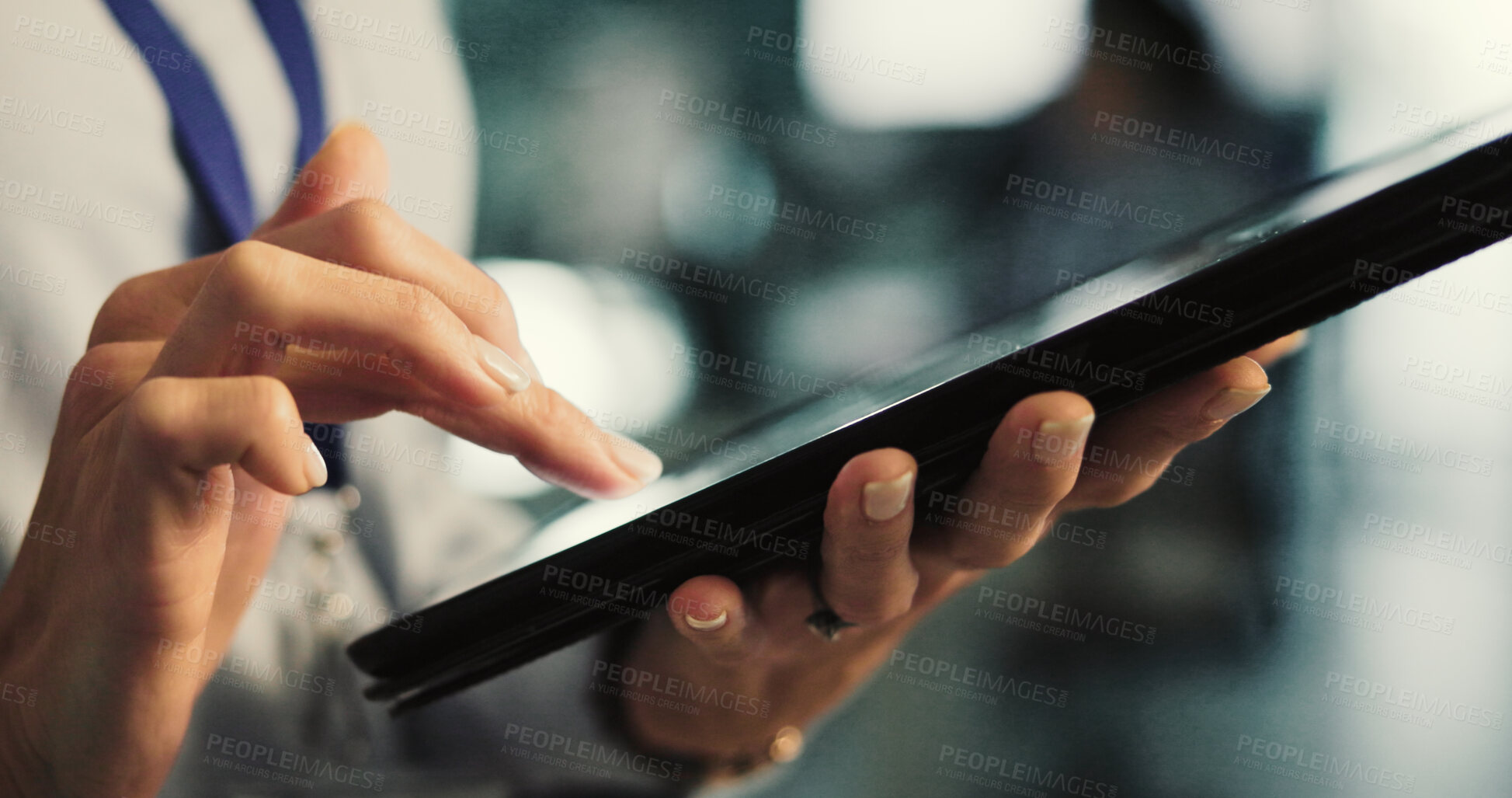 Buy stock photo Hands, programmer or woman with tablet in office, ai system prototyping or server integration planning. Tech, configuration or person with machine learning model upgrade, software development or app