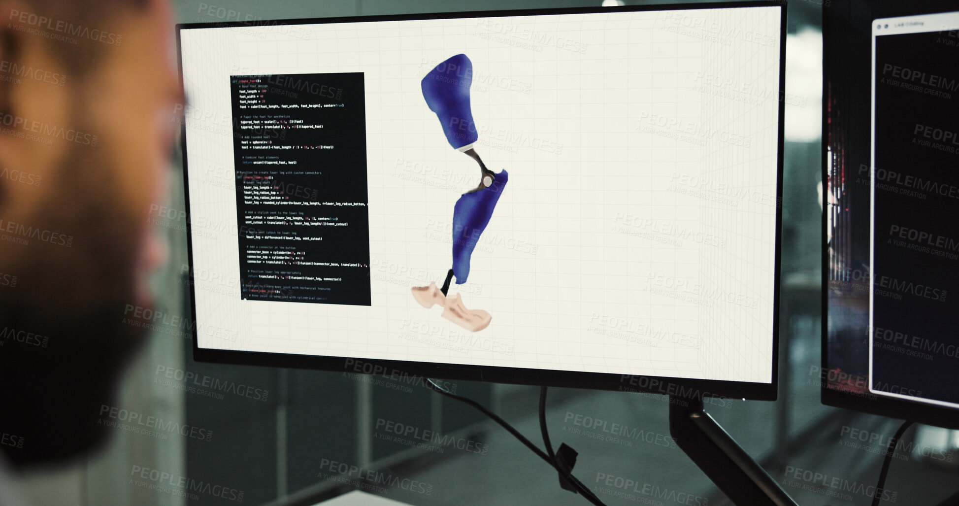 Buy stock photo Prosthetics, leg or man with computer screen in office, biomedical engineering or artificial limb research. Planning, pc or robotics engineer with prototype design review, programming or development