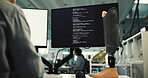Person, computer screen and programming with prosthetic leg for robotic development in laboratory. Programmer, developer or biomedical engineer with artificial limb or 3D model for code or design