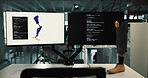 Computer screen, code and 3D model with prosthetic leg for robotic development in laboratory. Empty, technology or artificial limb with prototype or design for biomedical engineering or innovation