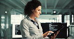 Reading, programmer and woman with tablet in startup, ai project prototyping and server configuration. Review, system testing and person with tech for software development, upgrade planning or coding