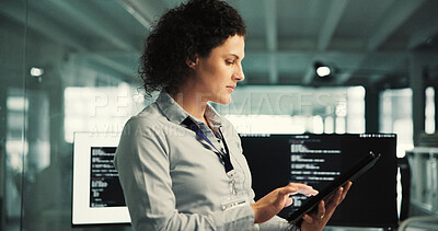 Buy stock photo Reading, programmer and woman with tablet in startup, ai project prototyping and server configuration. Review, system testing and person with tech for software development, upgrade planning or coding